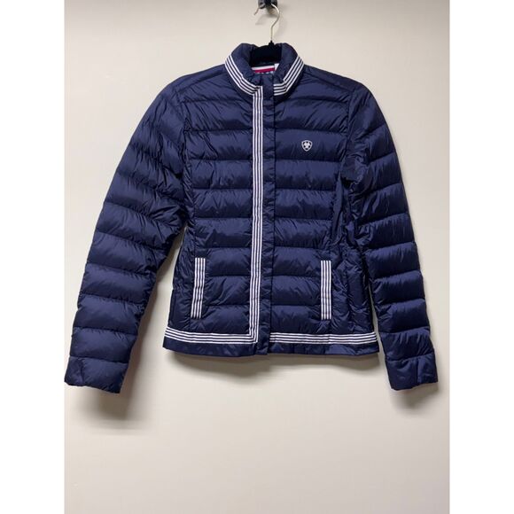 ARIAT Navy/White Packable Down Zip Front Jacket, Gingham Lining, Sz S - Picture 1 of 13